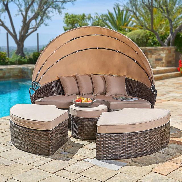 SUNCROWN Outdoor Patio Round Daybed with Retractable Canopy | Brown Wicker Furniture Clamshell Sectional Seating w/Table | Washable Cushions | Patio, Backyard, Porch, Pool