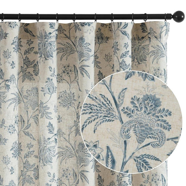 jinchan Linen Floral Curtains for Living Room with Printed Flower 63 Inches Long Light Filtering French Country Back Tab Rod Pocket Blue Window Curtain Set Farmhouse Drapes 2 Panels Blue