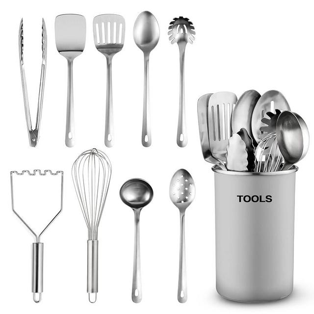 Stainless-Steel Kitchen Utensil Set - 10-piece premium Nonstick & Heat Resistant Kitchen Gadgets, Turner, Spaghetti Server, Ladle, Serving Spoons, Whisk, Tongs, Potato Masher and Utensil Holder