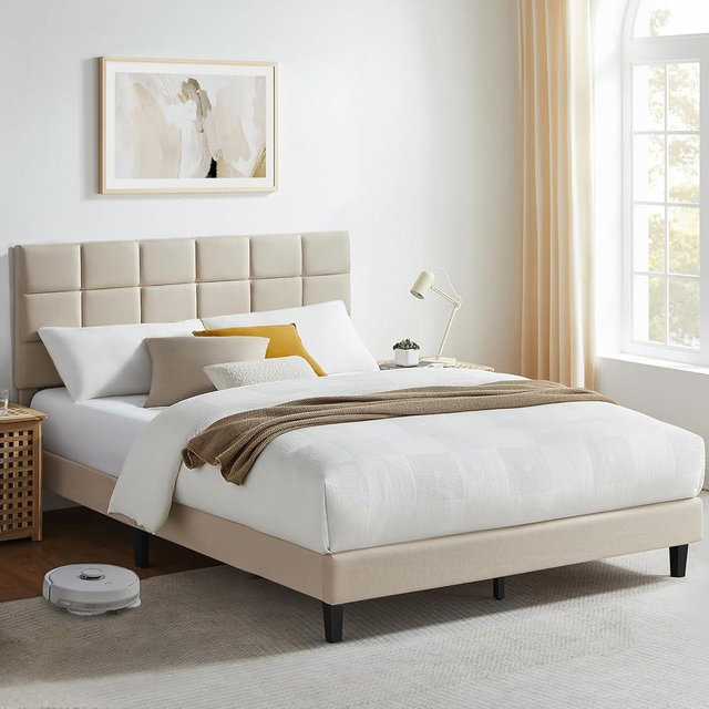 Susalt Queen Size Bed Frame with Upholstered Headboard, Linen Fabric and Wooden Slats Support, No-Noise, Easy to Assemble, No Box Spring Needed with 1000LBS, Beige