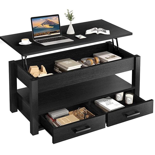 FABATO Lift Top Coffee Table with 2 Storage Drawer Hidden Compartment Open Storage Shelf for Living Room Folding Wood End Table Rustic Brown (Black)