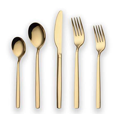 Berglander 20 Piece Titanium Gold Plated Stainless Steel Flatware Set, 20 Pieces Golden Silverware Set, Golden Cutlery Set, Service for 4 (shiny Gold)