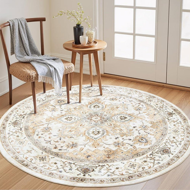 AMADA HOMEFURNISHING 5ft Area Rugs, Blue Low-Profile Washable Rug with Non-Slip Backing & Durable Edge Binding, Vintage Rugs for Living Room, Bedroom, Dinning Room