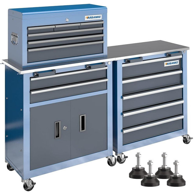 5-Drawer Tool Chest & 8-Drawer Tool Cabinet with Stainless Steel Countertop, Locking System & Connection Buckle,Cabinet Featuring 360° Swivel Wheels with Brakes&Foot Pads,Blue