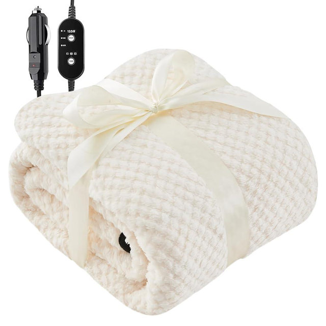 Sino Salected Heated Car Blanket 12/24 Volt Electric Blankets for car, Portable Heated Blanket for Car, Truck, SUV, RV & Camping, Machine Washable, with Temperature Controller, 59" x 43" Ivory White