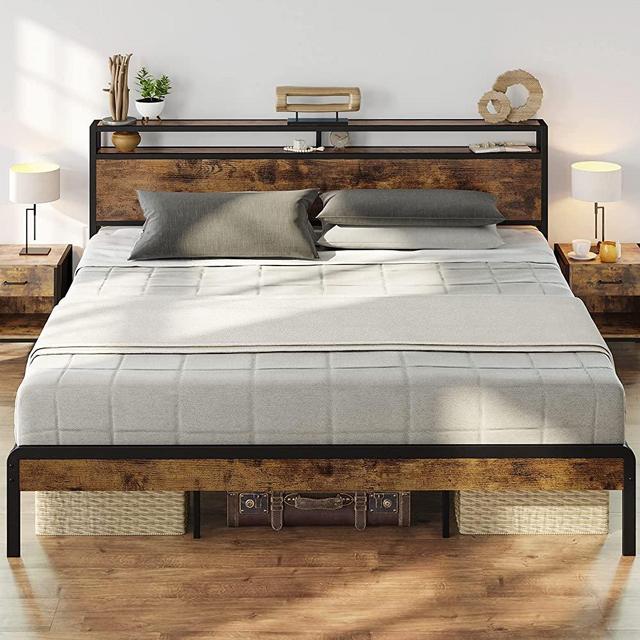 LIKIMIO King Size Bed Frame, Platform Bed with 2-Tier Storage Headboard, Solid and Stable, Noise Free, No Box Spring Needed, Easy Assembly