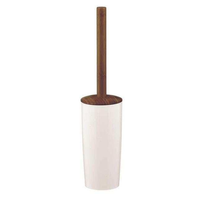 mDesign Decorative Compact Bamboo Freestanding Toilet Bowl Brush and Holder for Bathroom Storage and Organization - Bamboo Handle/Plastic Base - Space Saving, Sturdy, Deep Cleaning - Brown/White