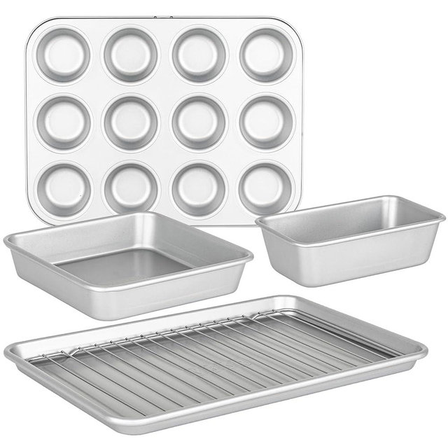 Viking Premium 5-Piece Nonstick Ceramic Baking Pans Set, Made without PFAS, Heavy Gauge Aluminized Steel Bakeware, Baking Sheet, Cooling Rack, Loaf, Muffin and Square Pan, Oven Safe for 475F, Silver