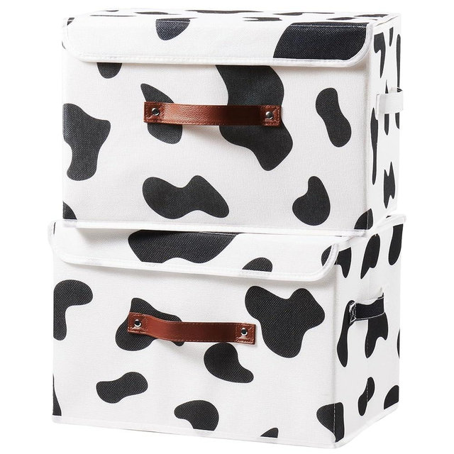 VinneGenzz 2PCS Storage Bins with Lid Cow Print Cute Fabric Storage Basket Box Faux Leather Handles PP Plastic Board Foldable Washable Lidded Cotton Linen Closet Shelf Organizer Container (Large Size)
