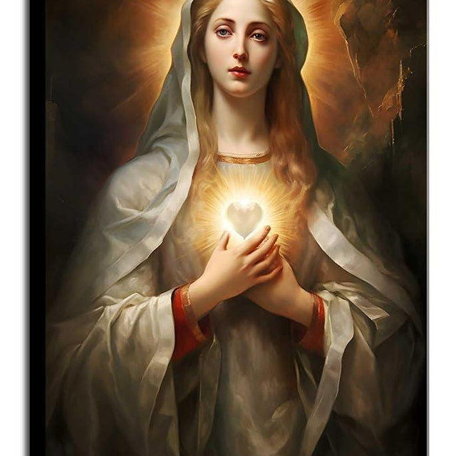 Framed Virgin Mary Canvas Wall Art Catholic Immaculate Heart of Mary Poster Prints Religious Church Wall Decor Picture
