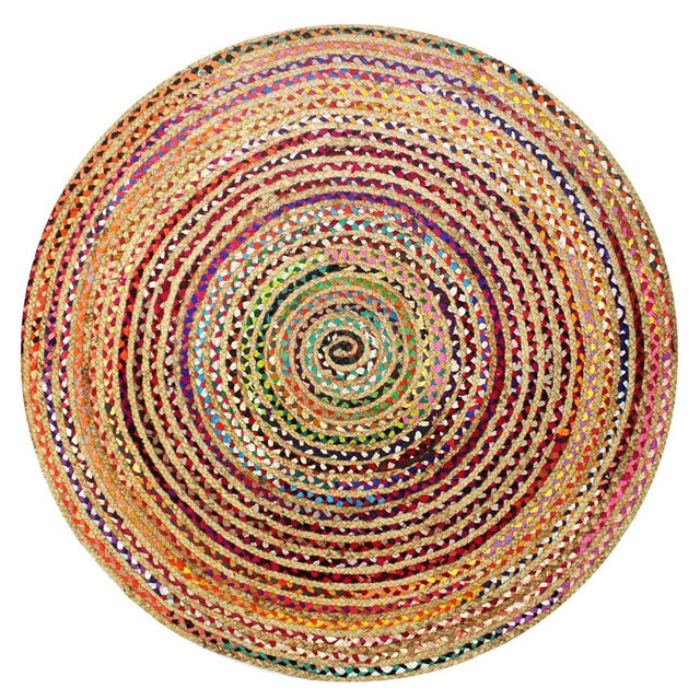 COTTON CRAFT Jute Chindi Braid Rag Rug - Boho Farmhouse Rustic Area Accent Throw Rug - Handwoven Reversible Natural Recycled Cotton - Living Room Den Study Home Décor Gift - 6 Feet Round - Multi Color