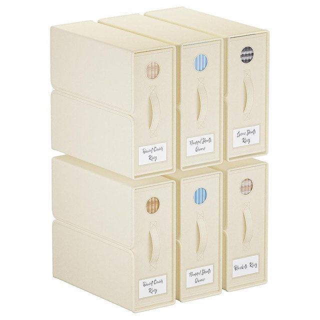 TRZZ 6 Pack Bed Sheet Organizers and Storage, Foldable Fabric Bins with Window and Labels, Linen Storage for Queen/King Sheets, Bedding, and Duvet Covers (Beige)