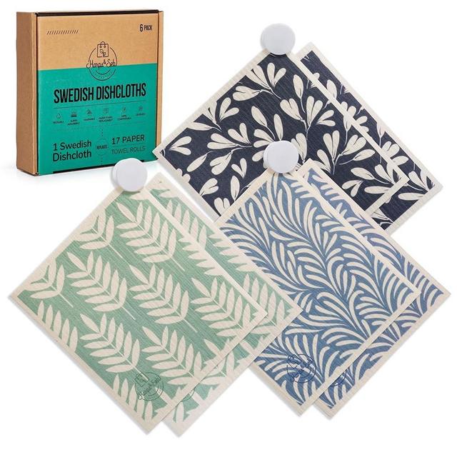 Harps&Seb 6-Pack, Reusable Swedish Dishcloths,Super Absorbent Washable Swedish Dish Towels with Convenient Hanging Clips, No Odor, Biodegradable, Non-Scratch Reusable Paper Towels