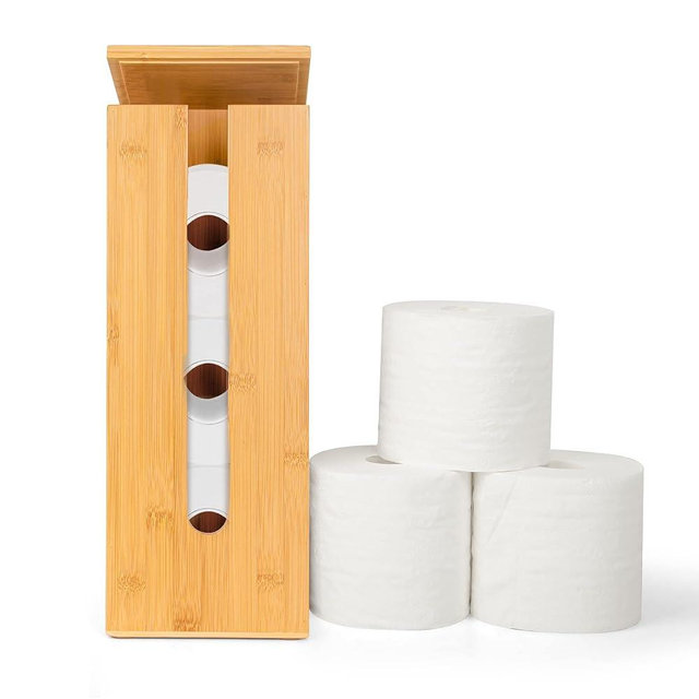 GOBAM Bamboo Toilet Paper Holder - Fits 3 Mega Toilet Paper, Bathroom Organizer, Toilet Paper Holder Stand, Bamboo Bathroom Accessories - Natural, 5.9 x 5.9 x 16.1 inches