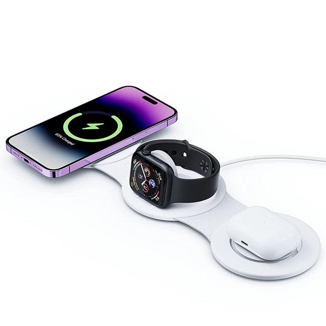 3 in 1 Wireless Charging Station, Hicober Wireless Charger Station Compatible for Apple iPhone 14 13 12 Pro Max AirPods Apple Watch, Wireless Fast Charging Stand Portable Travel Charger, QC3.0 Adapter