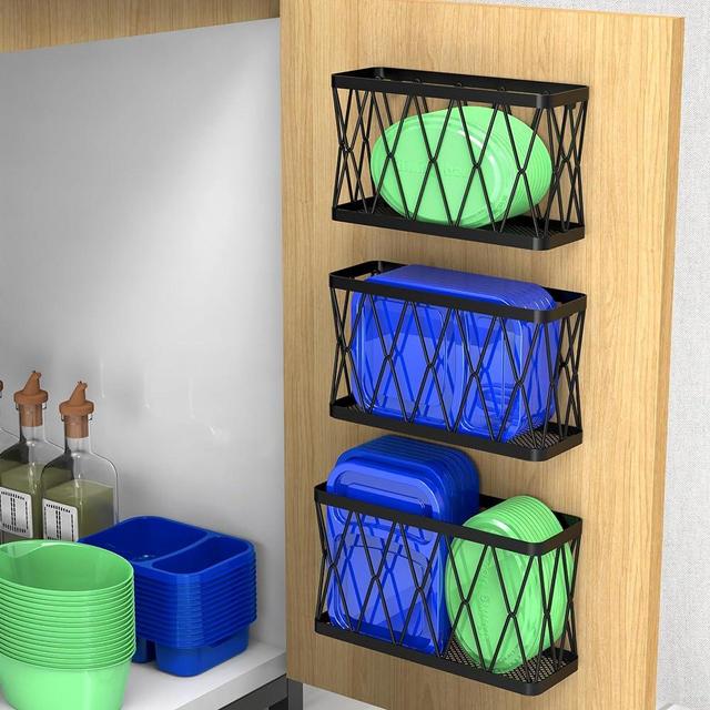 YIGII 3 Pack Over Cabinet Organizer Storage - Lid Organizer Adhesive/Wall Mounted Pantry Door Organizer Bin Holder for Tupperware Lid Kitchen Wall Under Sink Basket Slim Space Black Stainless Steel