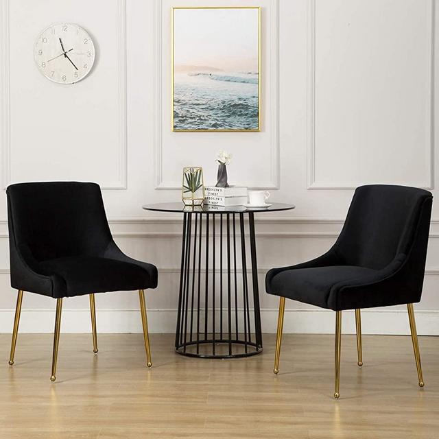 Modern Dining Chairs Set of 2, Tufted Upholstered Velvet Chair Comfy Accent Chair with Brass Metal Legs for Living Room,Vanity,Bedroom (Black)