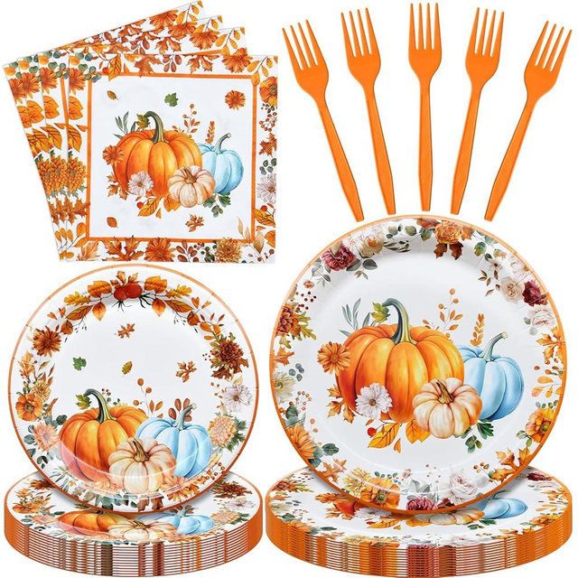 96 Pieces Thanksgiving Pumpkin Tableware Set – Rustic Sunflower and Pumpkin Disposable Plates, Napkins, and Forks for Fall Dinners, Friendsgiving, Harvest Parties – Serves 24 Guests