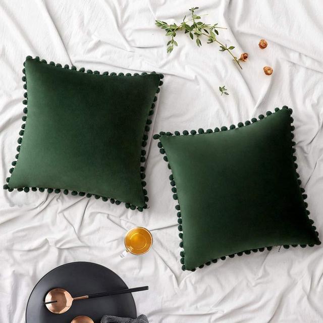 Woaboy Pack of 2 Velvet Throw Pillow Covers Pompom Decorative Pillowcases Solid Soft Cushion Covers with Poms Square Cojines for Couch Living Room Sofa Bedroom Car 18x18inch 45x45cm Dark Green