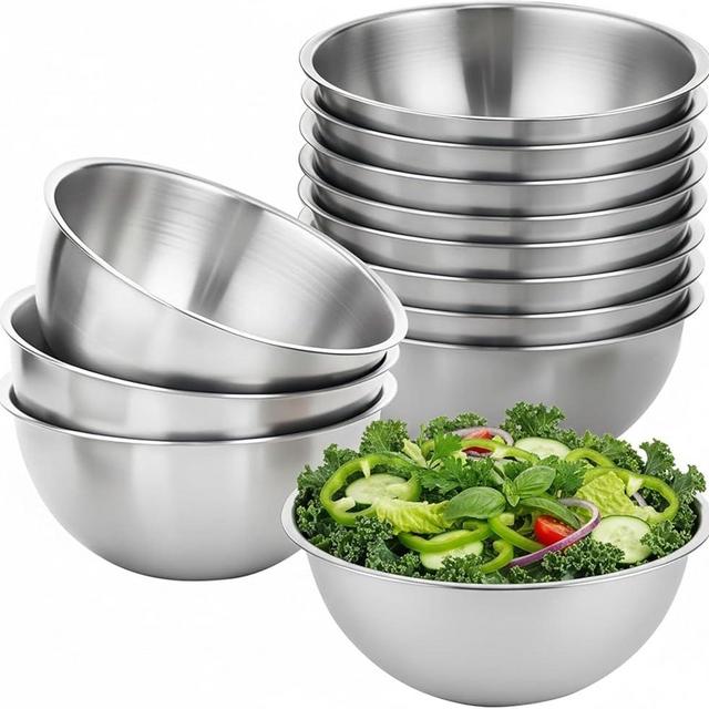 12 Pcs 304 Stainless Steel Mixing Bowls with Graduations, Metal Serving Salad Bowls, Reusable Baking Food Storage Containers for Baking, Cooking, Making Salads, Soups, Ice Cream, Noodles, cereal