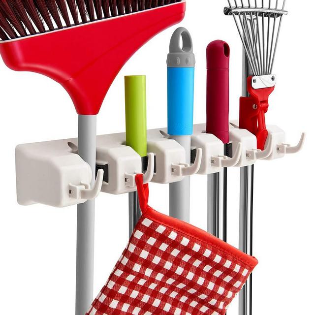 Mop and Broom Holder, Imillet Wall Mounted Organizer-Mop and Broom Storage Tool Rack with 5 Ball Slots and 6 Hooks (Gray) (One Pack)