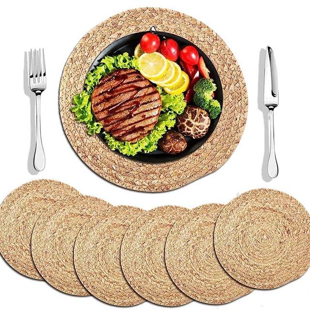 WENFOME 6 Pack Round Woven Placemats,13 inch Plate Chargers Natural Wicker Placemats Water Hyacinth Straw Braided Tablemats Rattan Tablemats Rustic Weave Placemats for Dining Table