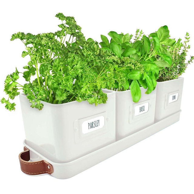 volila Window Herb Garden Planter Indoor - Window Herb Planter Pots for Indoor Plants with Leather Handles and Labels - for Kitchen Window Sill Decor, Indoor Plants, Herbs and Spices (Warm Stone)