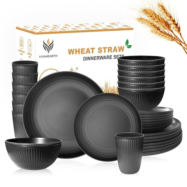 VIVAHEARTH Wheat Straw Dishes Set for 8, Dinnerware Sets 32 piece, Unbreakable Plates, Bowls, Cups Sets for Kitchen Parties Camping RV - Grey