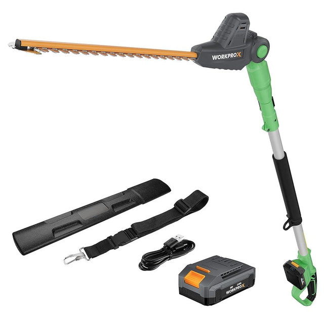 WORKPROX 20V Cordless Pole Hedge Trimmer, 9.2-Feet Reach, 11 Rotating Head, Electric Hedge Trimmer with Extension Pole, Great for Shrubs, Bushes, 2.0Ah Battery & Charging Cable Included