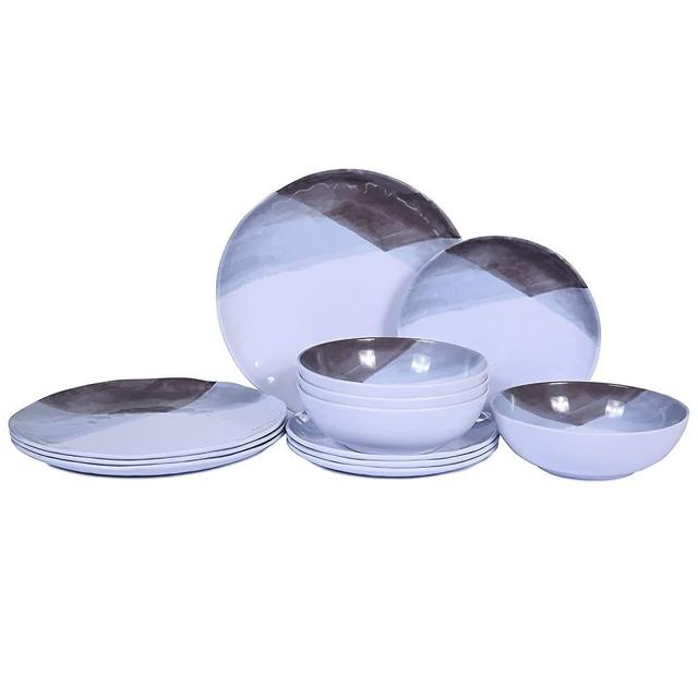Melamine Plates and Bowls Set - 12pcs Dinnerware Sets for 4, Dinner Plates for Indoor and Outdoor Use, Break-resistant, Grey & White