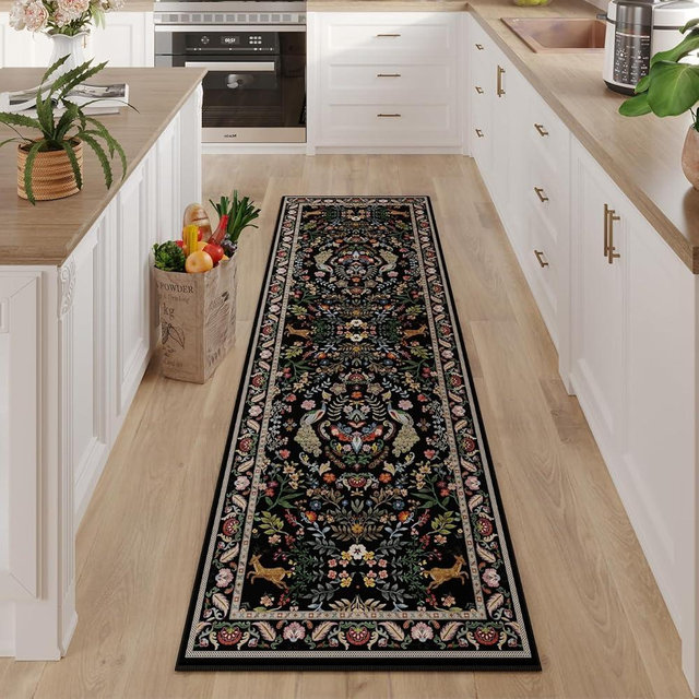 Runner Rug Washable Kitchen 2'6''x8' Rug for Entryway Indoor Floral Non-Slip Soft Carpet Runner for Hallways, Kitchen, Laundry, Bedroom, Bathroom (Vibrant Black)