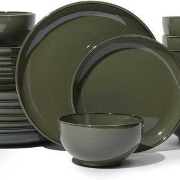 24 Piece Dinnerware Set for 8, Santorini Mist Terracotta Plates and Bowls Sets, Complete Stoneware Dish Set for Large Families and Entertaining, Microwave & Dishwasher Safe, Blackish Green
