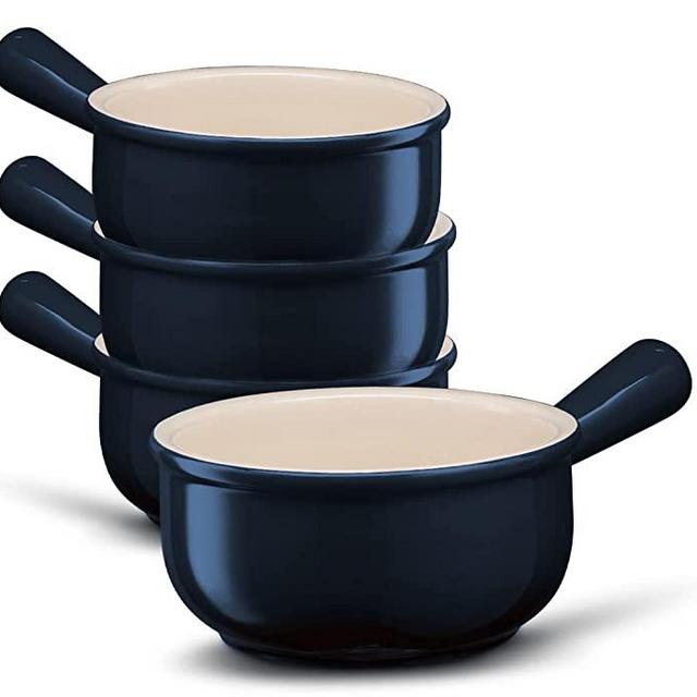 Kook French Onion Soup Crocks, Ceramic Bowls, Microwave, Dishwasher Safe & Oven safe, with Easy to Grip Handle, Stoneware, For Chili & Stew 18 oz, Set of 4, (Navy)
