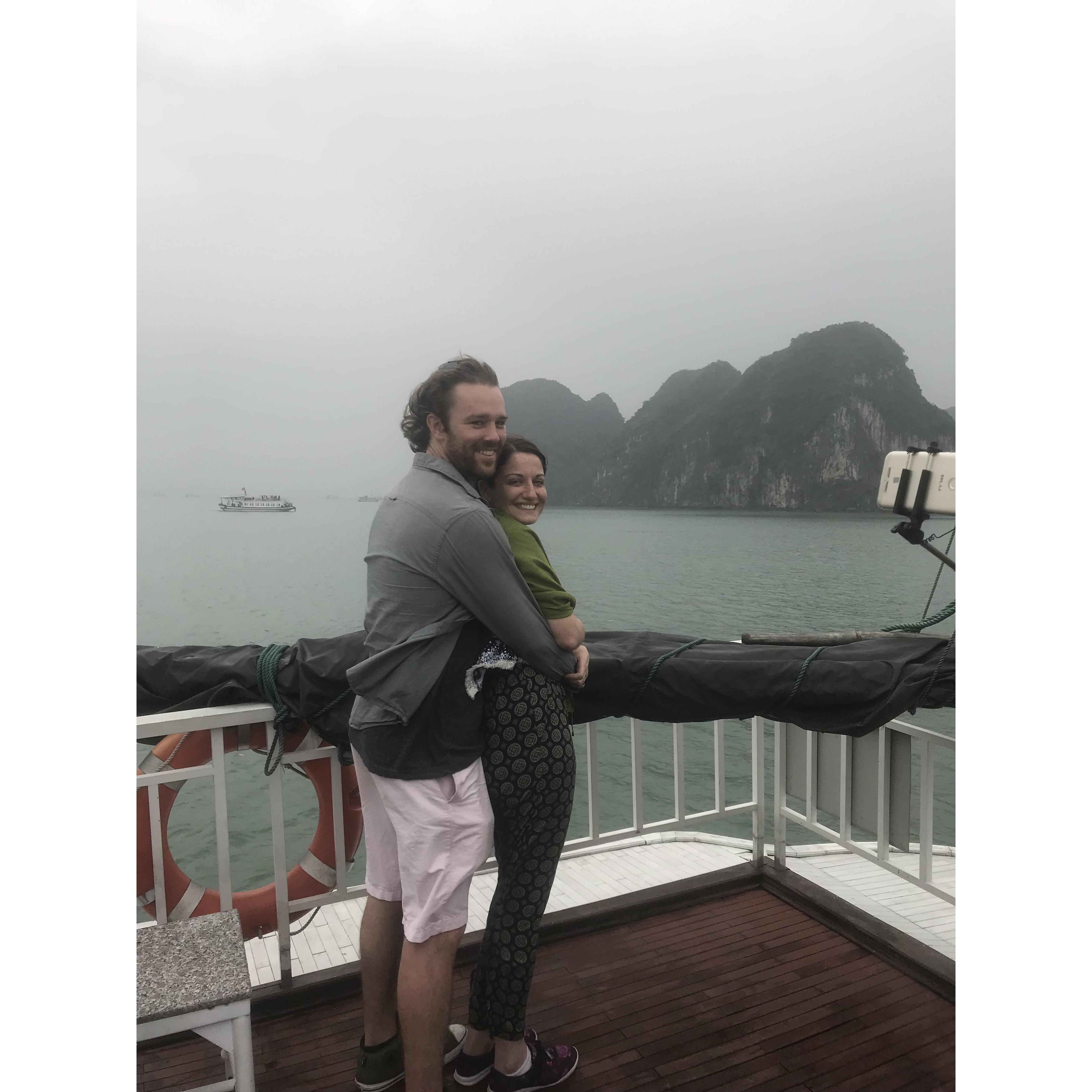 Boating in Ha Long Bay, Vietnam, the morning after we got engaged.