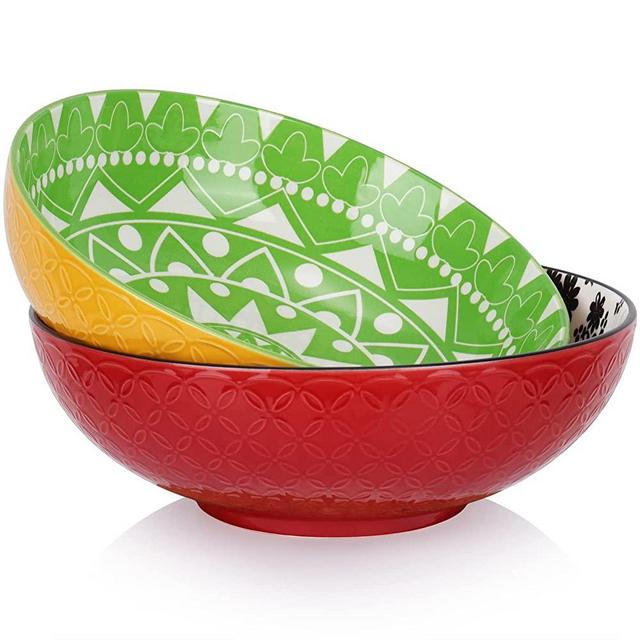Large Salad Serving Bowls Set of 2, Vivimee 2.8 Quart Big Ceramic Pasta Bowls, 9.45" Stackable Round Salad Bowls, Colorful Bowls for Salad, Pasta, Soup, Housewarming Gift, Microwave & Dishwasher Safe