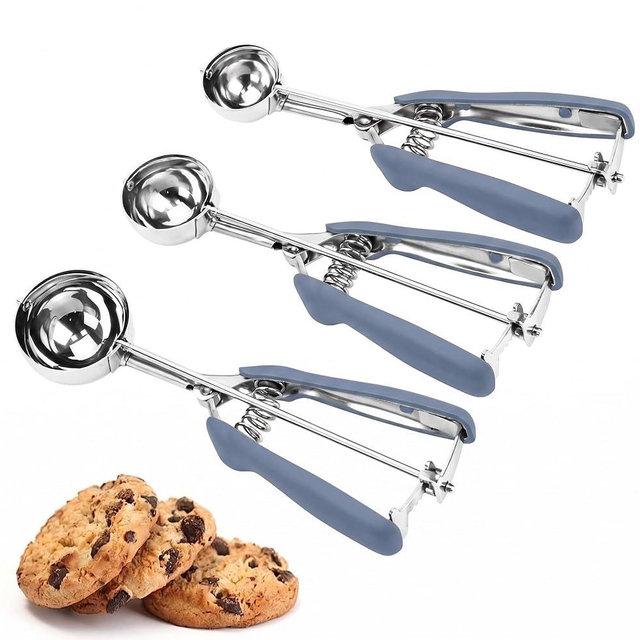 Cookie Scoop Set, 3Pcs Ice Cream Scoop, Cookie Scoops for Baking Set of 3, 18/8 Stainless Steel Cookie Scooper for Baking, Ice Cream Scooper with Trigger Release, Blue Gray Grip Cookie Dough Scoop