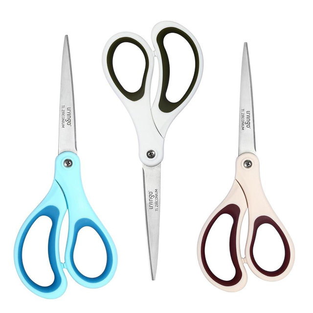 LIVINGO Scissors All Purpose - Titanium Coated Heavy Duty Sharp Stainless Steel Comfortable Shears for Office Home School Cutting Paper Fabric, Sky Blue & Pink & White, 3 Pieces