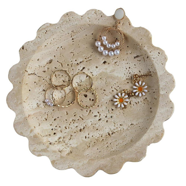 Natural Small Travertine Scalloped Edge Tray, Marble Jewelry Dish Tray, Trinket Tray for Women Gift