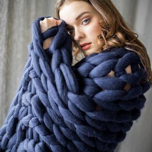 Chunky knit blanket. Handmade from best quality merino wool. Organic certified. Soft and warm arm knitted throw. Navy blue bed throw.