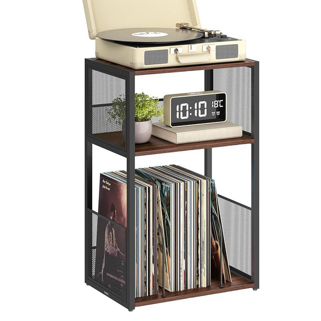 VASAGLE Record Player Stand, 3-Tier Side Table, Vinyl Record Storage up to 100 Albums, End Table for Living Room, Bedroom, Natural Walnut ULET275K02
