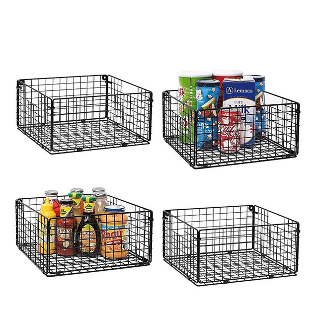X-cosrack Foldable Cabinet Wall Mount Metal Wire Basket Organizer with Handles - 4 Pack, 12" x 12" X 6"Farmhouse Food Storage Mesh Bin for Kitchen Pantry Laundry Closet Garage Patent Design