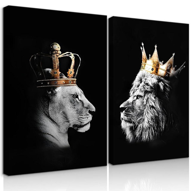 BJVJKSU Black and White Lion Wall Art - King and Queen Lioness Canvas Wall Decor with Gold Crown - Wild Animal Couple Prints Ready to Hang (12x16in)