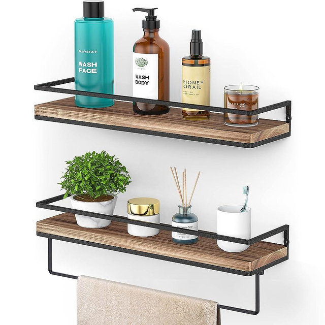 Meangood Floating Shelves Wall Mounted Set of 2, Wall Shelf with Towel Bar Rustic Wood Wall Storage Shelves for Bedroom,Living Room,Bathroom, Kitchen Torched Wood