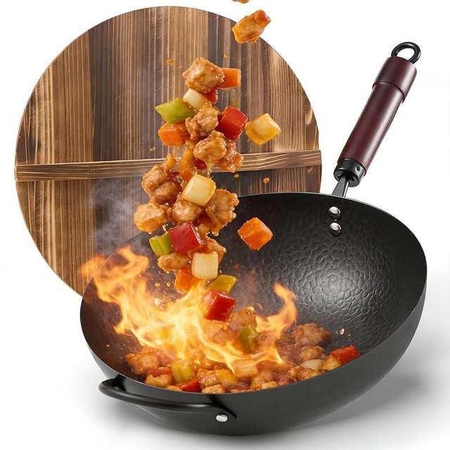 Wok Pan, Carbon Steel Wok, Woks & Stir-Fry Pans Nonstick, 13 Inch Wok Pan with Wooden Lid, Pre-Seasoned Carbon Steel Cookware, 5.8QT Flat Bottom Chinese Wok Paella Pan, Compatible with All Cooktops
