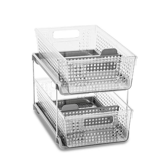 madesmart 2-Tier Plastic Multipurpose Organizer with Divided Slide-Out Storage Bins, Under Sink and Cabinet Organizer Rack, Clear