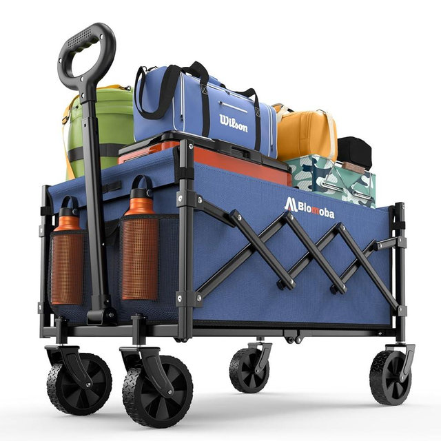 Collapsible Wagon with Wheels, 220 lbs Wagons Carts Foldable Wagon Cart with Flexible Handle, Lightweight Portable Folding Utility Grocery Shopping Cart for Grocery Sports Garden Camping, Blue