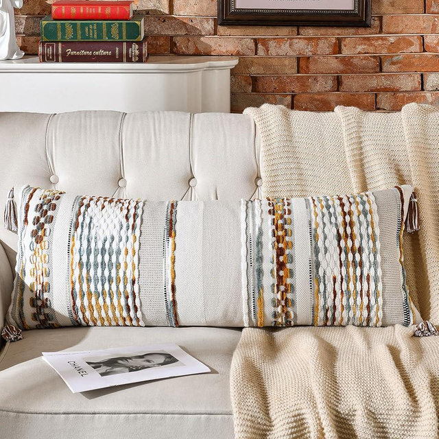 AmHoo Chenille Striped Textured Boho Throw Pillow Covers Aesthetic with Tassels Woven Decorative Pillow Case for Couch Bed Sofa Bedroom Modern Funky 14 x 36-Inch Brown