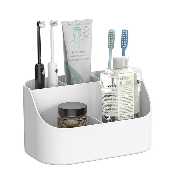 Oasiteege Countertop Toothbrush Holders for Bathrooms, Plastic Toothpaste and Electric Tooth Brush Holder Storage Caddy Stand for Shower, 5 Slots Cute Kids Bathroom Counter Organizer for Vanity, White