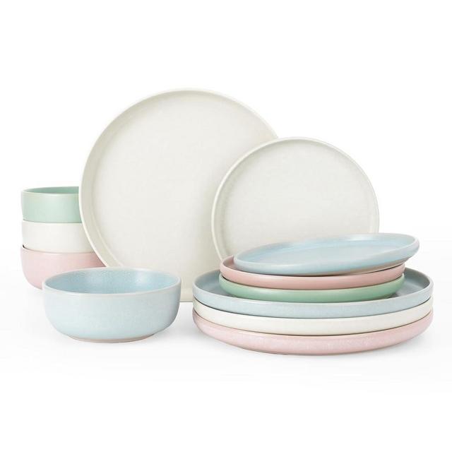 Famiware Milkyway Plates and Bowls Set, 12 Pieces Dinnerware Sets, Reactive Glaze Dish Set, Stoneware Dishes Set for 4, Matte Multi-color