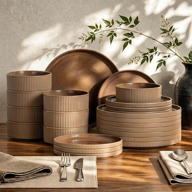 Kitchen Academy Brown Stoneawre Dinnerware Sets for 8, 24 Pieces Ceramic Non Toxic Plates and Bowls Sets, Scratch Resistant Kitchen Dishes Set, Oven & Microwave & Dishwasher Safe